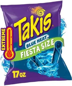 Takis Blue Heat 17 oz Fiesta Size Bag, Hot Chili Pepper Flavored Extreme Spicy Rolled Tortilla Chips Snack Corn