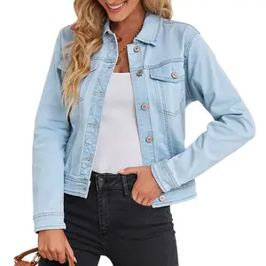 luvamia Women's Basic Button Down Stretch Fitted Long Sleeves Denim Jean Jacket Casual Collared Coats Womenswear