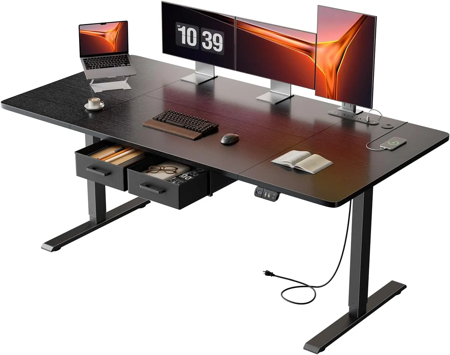 Ecofurnix Ergonomic Rising Desk - 63x31.5 In Height Adjustable Electric Standing Desk with Outlets, Drawers, Easy Installation and Support, Furniture for Home Office to Prevent Neck Stiffness, Enhance Desktop Tidiness