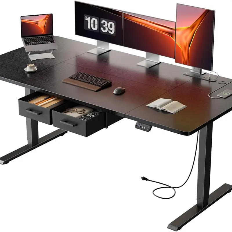 Ecofurnix Modern Ergonomic Rising Desk - 63x31.5in 33% Wider Worktop, Steel Frame Height-Adjustable Electric Standing Desk with 28-46in Range Fits You, 3-Socket Power, 2 Drawers for Gear, Easy Installation, Black Home Office Workstation