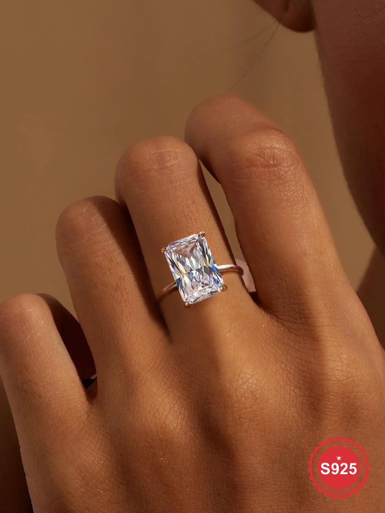 S925 Sterling Silver Rectangular Zircon Ring, Solitaire Engagement Rings, Fashion Accessories for Women & Girls, Trendy All-match & Exquisite Jewelry