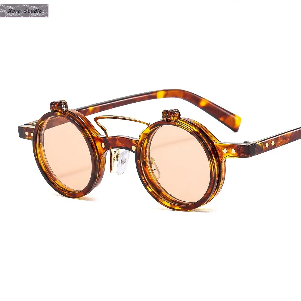 Round Flip-Up Sunglasses, Retro Punk Style Double Layer Bold Frames for Women & Men, UV Protection Eyewear for Motorcycle & Daily Wear, Outdoor & Daily Wear