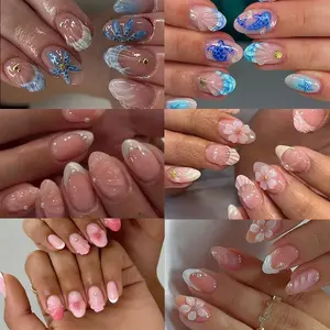 144pcs Almond Shape Press-On Nails Set, Summer Ocean Style Nail Art Kit, Removable Long Fake Nails, Waterproof & Durable