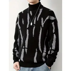 Men's high-neck geometric pattern pullover Graphic Tops Casual Long Sleeve Knitwear Menswear Crewneck Multicolor