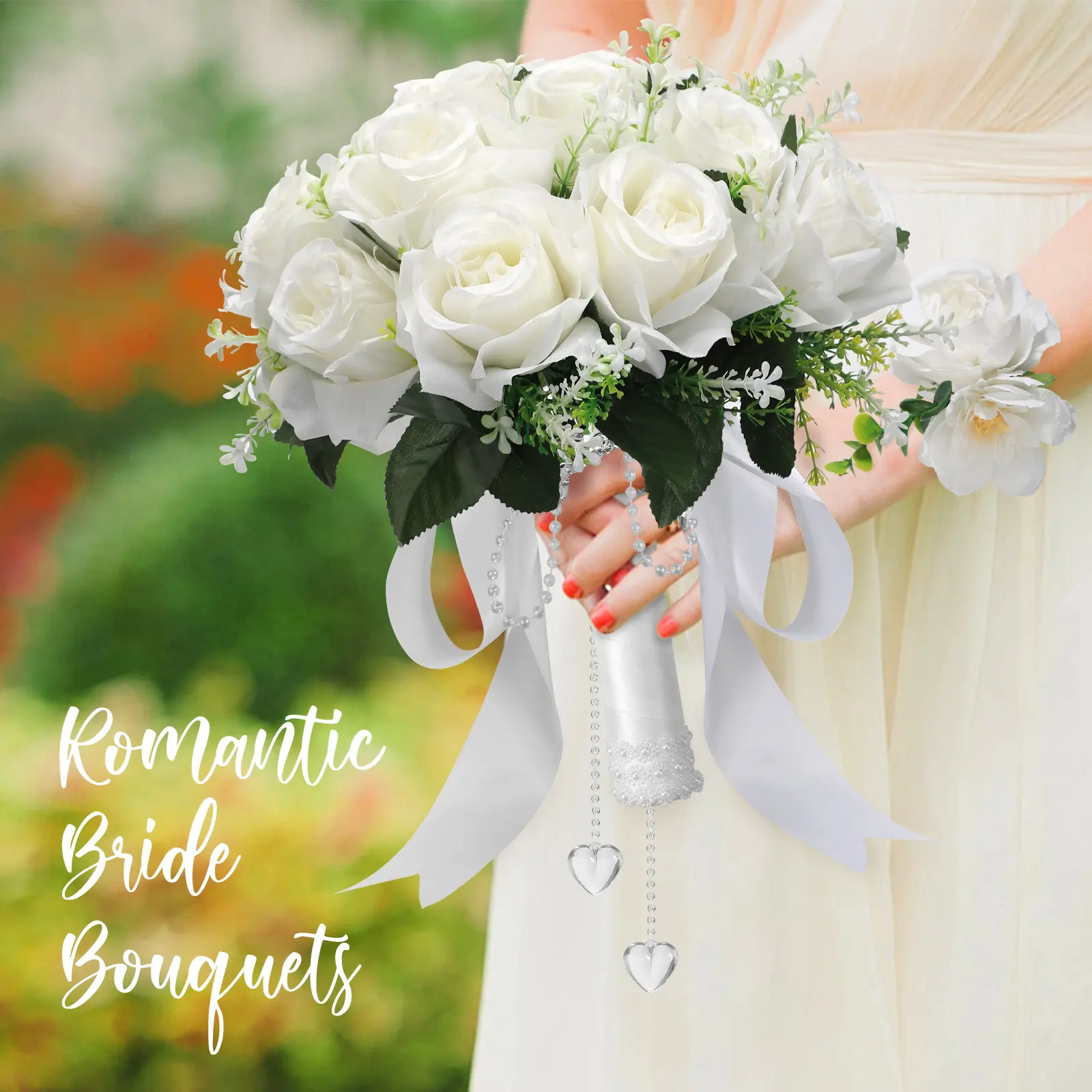 Set of 3 wedding bouquets for the bride and bridesmaids, artificial flower bouquets in white and champagne rose style. Suitable for tossing bouquets, wedding and church decorations, Valentine's Day and anniversary celebrations