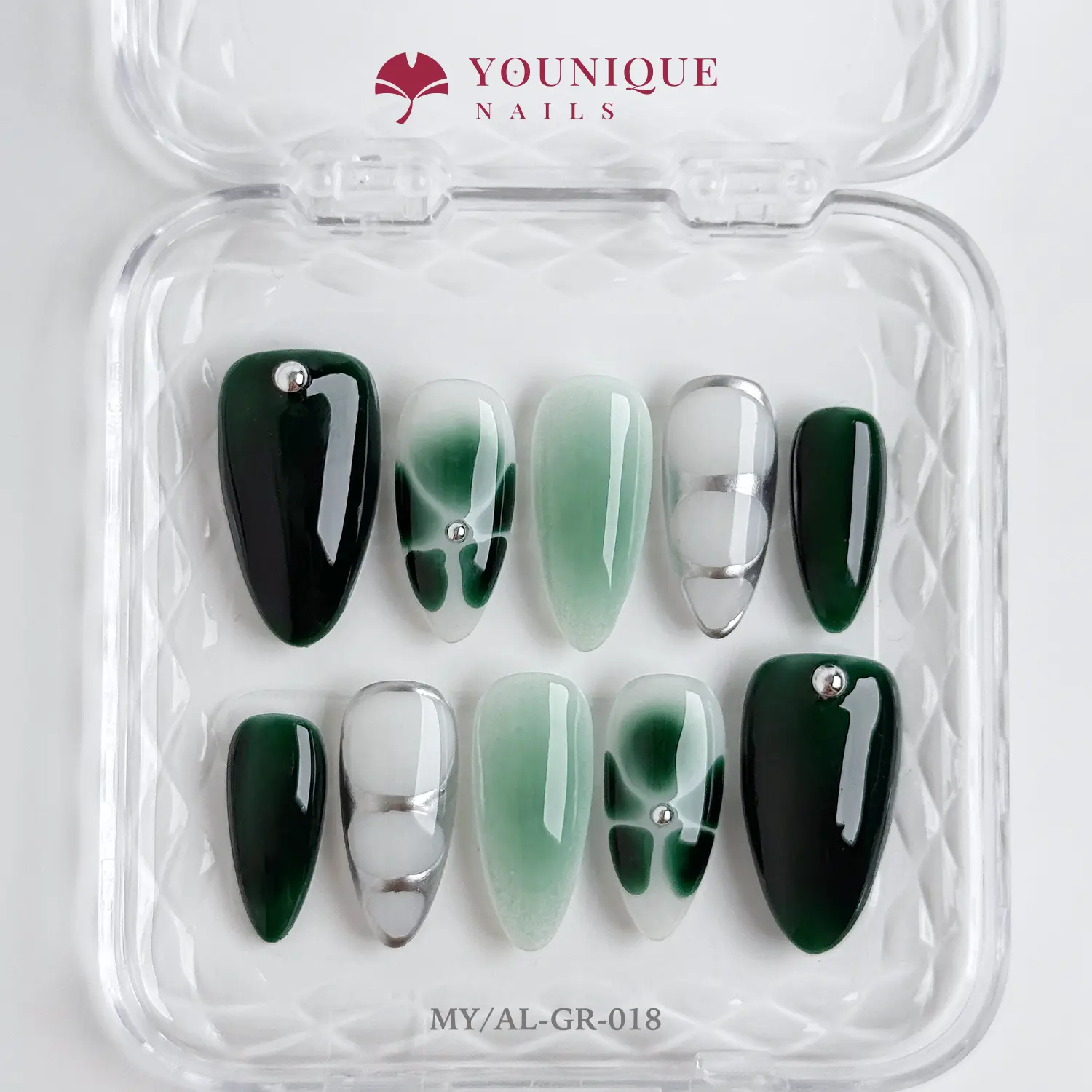 Younique Nails 2025 10PCS 100% Handmade Press-On Nails | Reusable Colorful Art Glossy Design Acrylic Luxury Long Lasting 3D Stylish Office Wear Floral Embellished Rhinestone