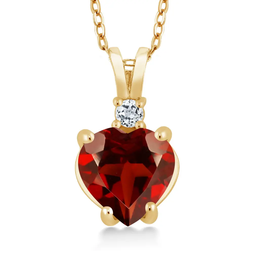 Gem Stone King 14K Yellow Gold Red Garnet and White Topaz Pendant Necklace For Women | 2.08 Cttw | Gemstone Birthstone | Heart Shape 8MM | With 18 Inch Chain