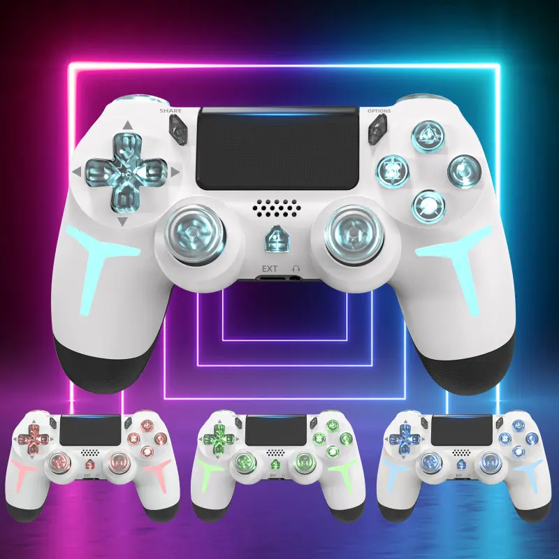 Three-color light wireless game controller, suitable for PS4, PS3, PC, Multiplatform Game Controller, RGB Gaming Controller, RGB lighting, LED Bluetooth game controller, six-axis gyroscope, dual vibration feedback