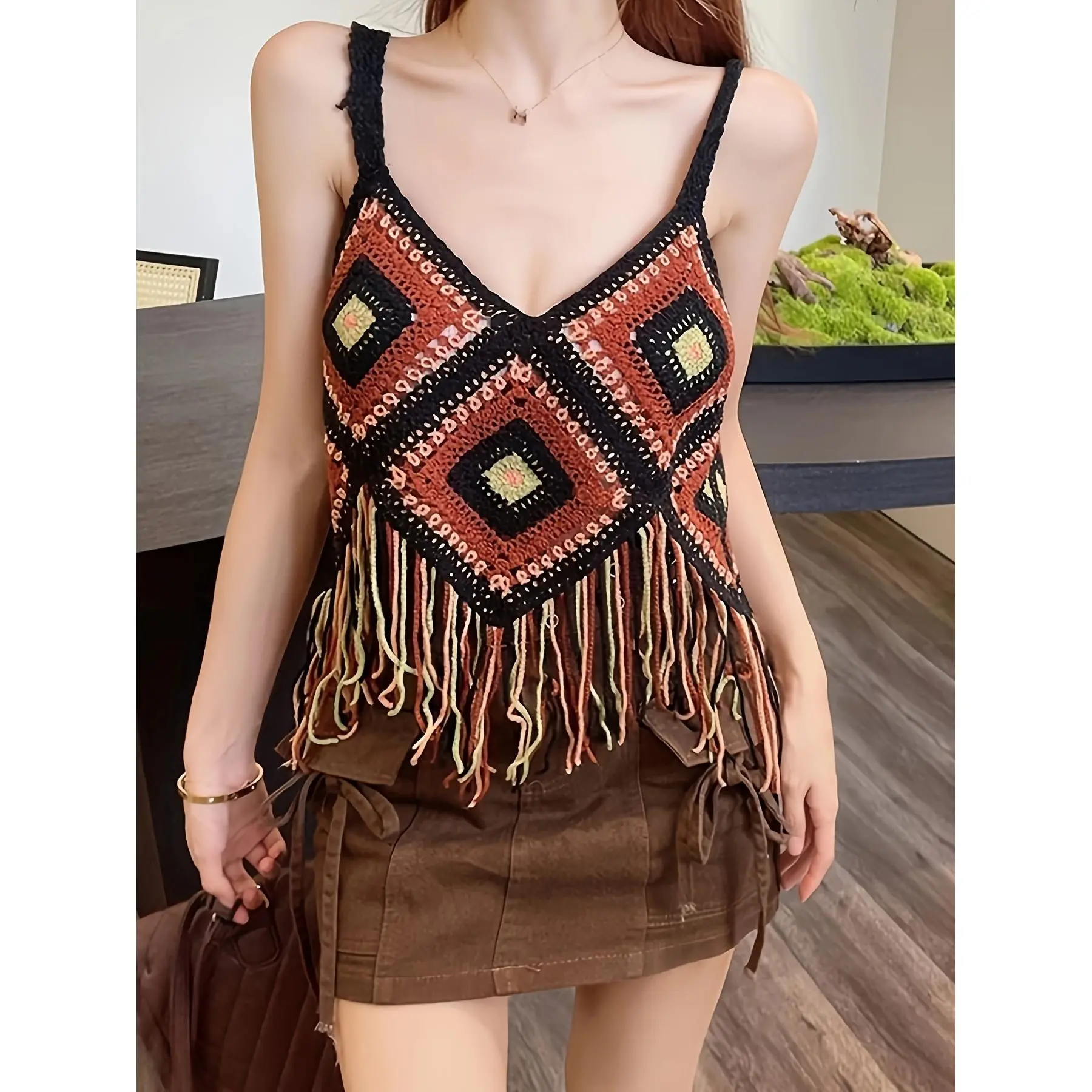 Women's Acrylic Crochet Camisole - Sleeveless Sling Top with Geometric Pattern, Fringe Tassels, Casual Chic Style