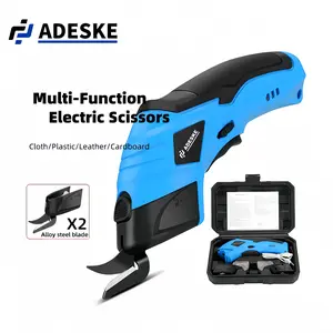 ADESKE cordless electric scissors with alloy tungsten steel blades, suitable for cutting cardboard boxes, fabrics, and carpets. Comes with a beautiful storage box.