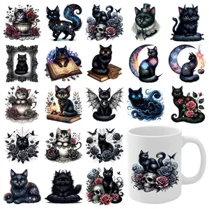 21 Pcs Black Cat UV DTF  UV DTF  Waterproof Rub on Transfers Mug Decoration Gift for 16 oz Tumbler Glass DTF Transfer  clock funny stickers