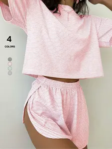 Women's Striped Print Crop Tee & Curved Hem Shorts Loungewear Two-Piece Set, Casual Comfy Short Sleeve T-Shirt & Drawstring Waist Shorts PJ Set, Ladies Sleepwear for All Seasons