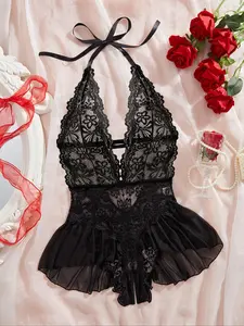 【Plus Size】 Floral Lace Bodysuit, Casual Comfy Breathable Bodysuit for Daily Wear, Women's Plus Size Sleepwear for Summer, Lingerie Lace Babydoll