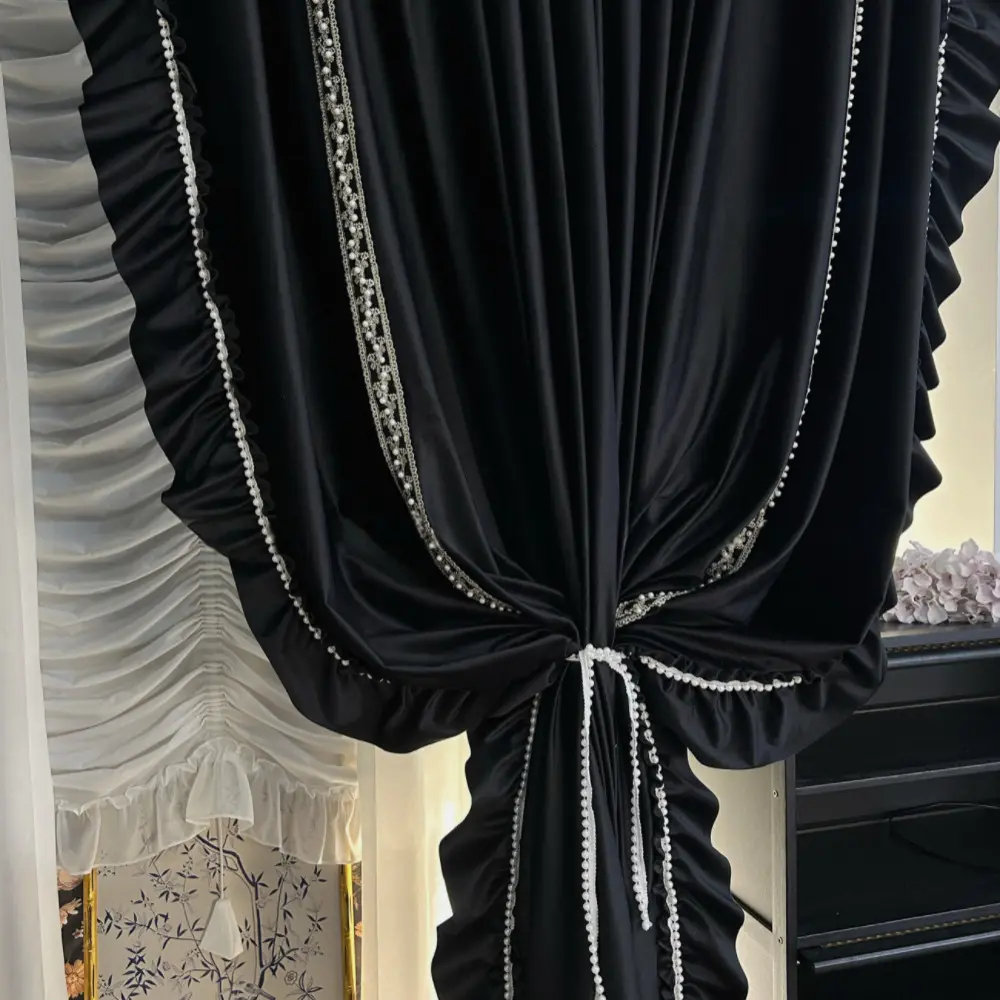 European Velvet Silk Vintage Pearl Decorated Ruffled Window Curtain, Baroque Style Dark Gothic Drapes for Living Room Bedroom Home Decoration Curtain, Curtain for Windows