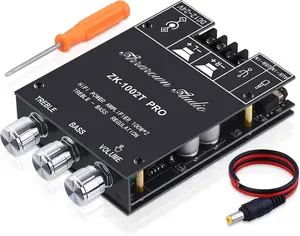 ZK-1002T PRO 2.0 Channel Bluetooth 5.0 Amplifier Board 200W HiFi Subwoofer Audio AMP with Treble and Bass, BT USB and AUX Inputs, DC 12-24V 2.0 Channel Stereo AMP Module for DIY Speakers