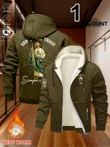 St. Jude Thaddeus Print Fleece Hooded Jacket, Winter Warm Windproof Skin-Friendly Thick Sweatshirt, Religious Sweatshirt Gift, Long Sleeve Casual H-Type Cartoon Pattern, Heavyweight Fleece Hoodie