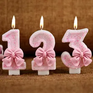 1pc Pink Glitter Number Birthday Candles 0-9 with 3D Bow Knot - Sparkly Bowknot Cake Toppers for Girls Birthday Sweet 16 Anniversary Graduation Proposal Party Supplies - Premium Decorative Numeric Candle - Elegant Cake Decor Ornaments Sparkle Toppers