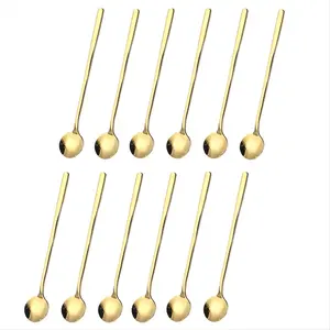12 Pcs Coffee Spoons Set Gold Tea Spoons Long Handle Stirring Spoons Coffee Rounded Stirring Spoon Honey Dessert Spoon