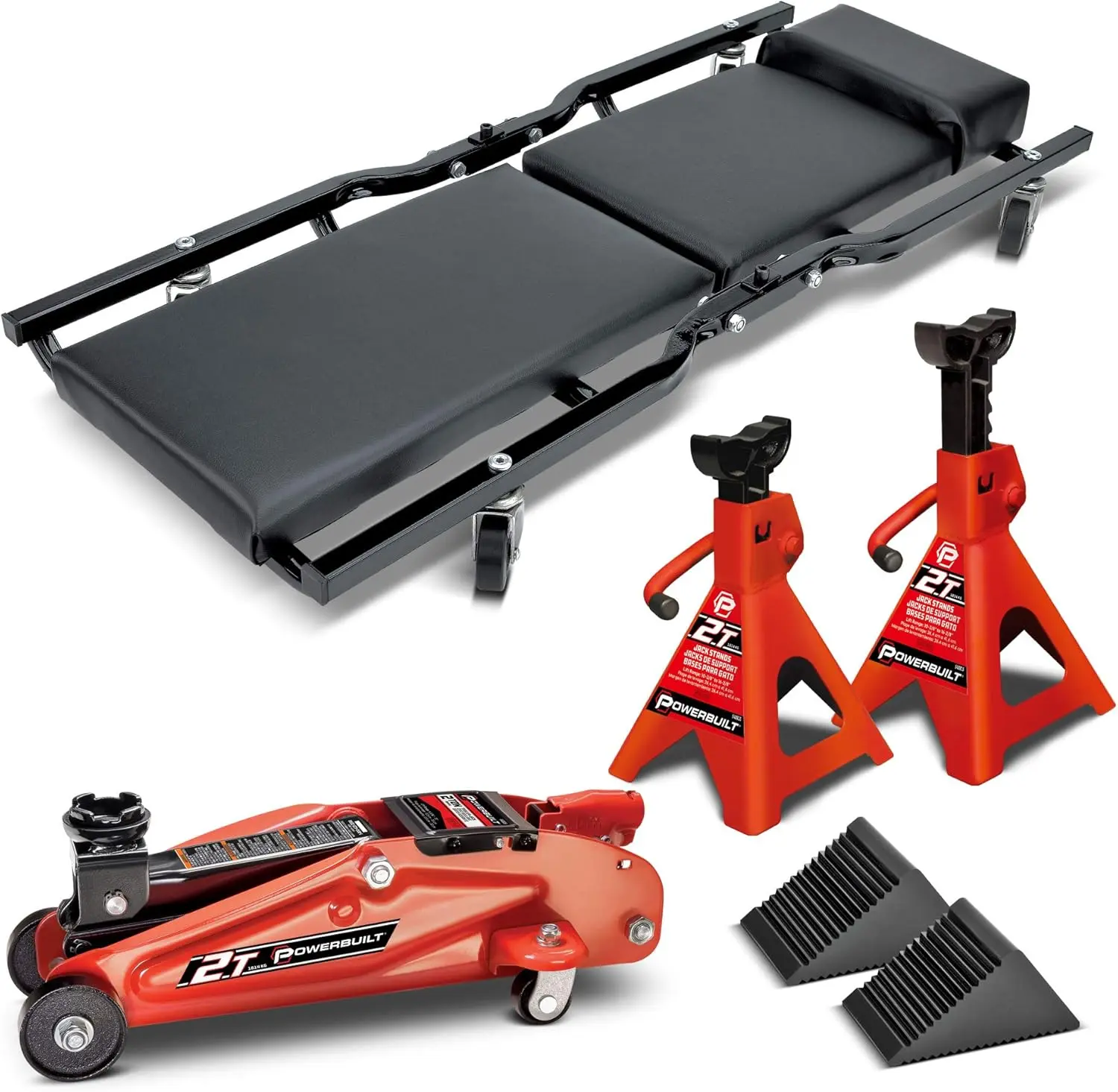 Powerbuilt 6-Piece Compact Car Jack & Garage Creeper Service Kit - 2-Ton Vehicle Lift, 36 in Folding Creeper, 5-3/8" to 13" Lift Range, Jackstands, Wheel Chocks, Red Automotive Repair Tools, Model 640816