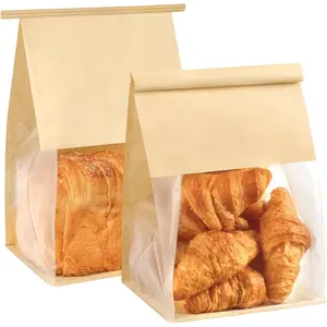 100 Pack Bread Bags for Homemade Breads, 6.3x5.1x10.3 Inches Resealable Tin Tie Tab Lock Bakery Packaging Bags with Window for Sourdough Bread, Cookies, Bagels, Pastry