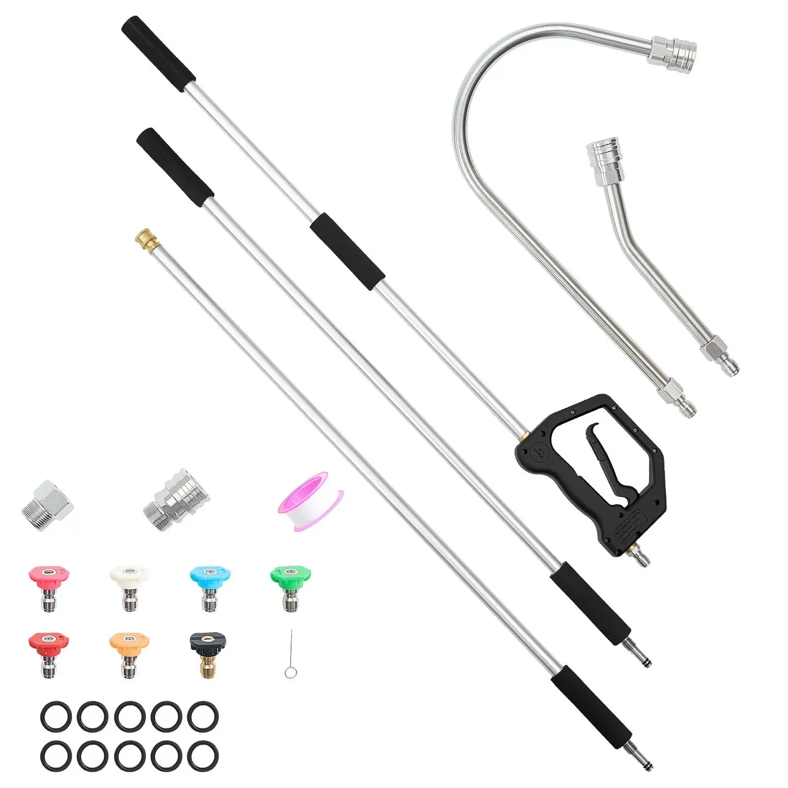 【Summerfinds】VEVOR 9 FT Stainless Steel Pressure Washer Telescopic Wand - 3-Section Design, 7 Nozzles, Hose Adapter, Support Belt, Storage Bag, 2 Extension Tips, 4000 PSI Gutter Cleaner for Household High Cleaning (Fits Almost All Pressure Washers), Gutte