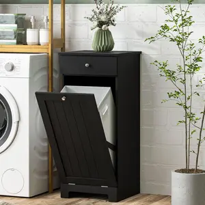 Black Modern Round MDF Surface Laundry Hamper Cabinet - Home Supplies Storage with Tilt-Out Bin, Drawer, and Room Decor Functionality