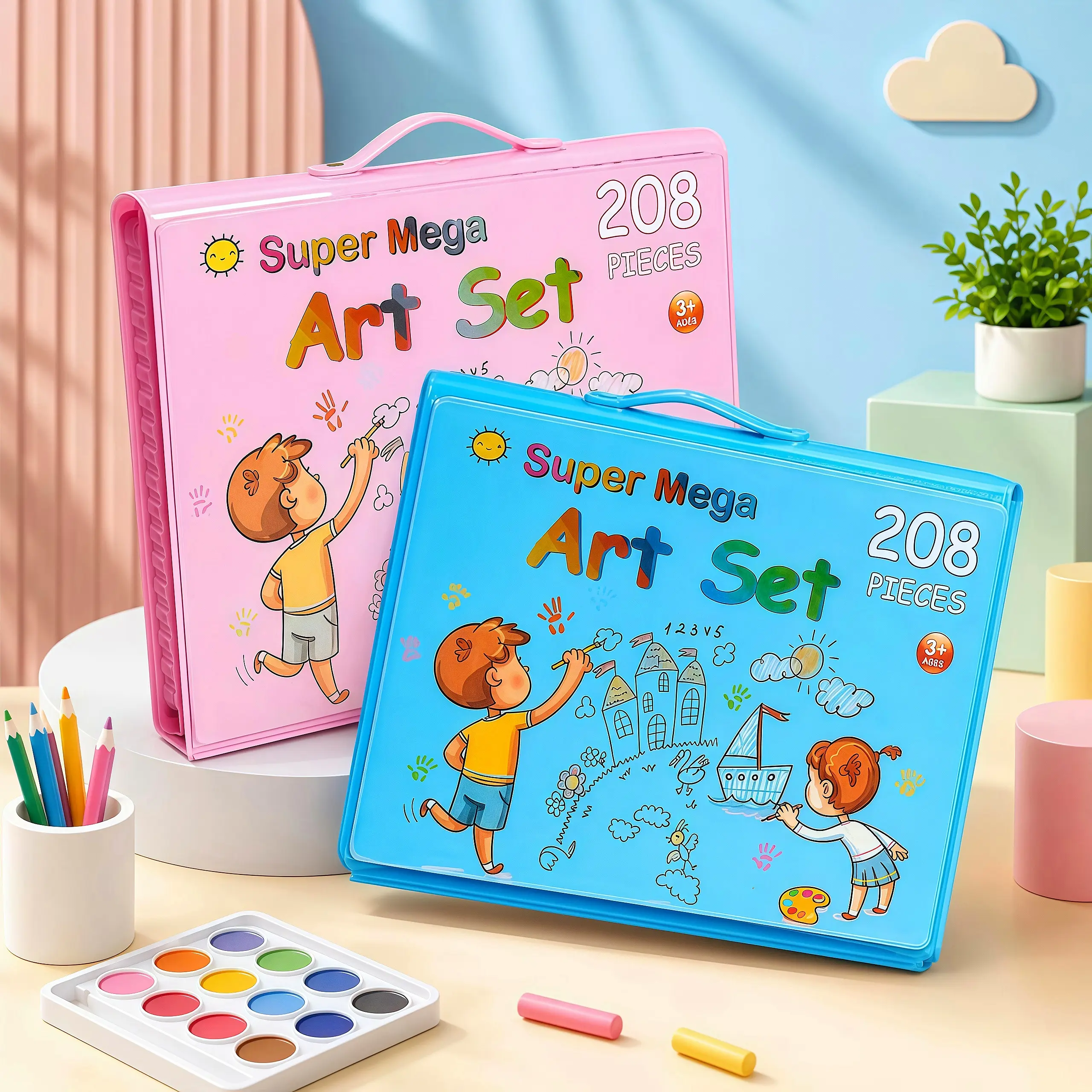 208-Piece Super Large Kids' Art Kit with Carry Handle - Double-Sided Supplies, 24 Crayons, Colored Pencils, Markers, 48 Oil Pastels, A5 Sketch Pads - Ideal Gift Ideas for Children (Home & Festive Party Supplies)