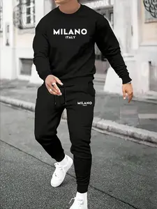 Men's Fall Winter Fleece Lined Hoodie Set, Letter Print Round Neck Sweatshirt + Drawstring Casual Sport Pants, 2 Piece Set, Sweatsuit Sets