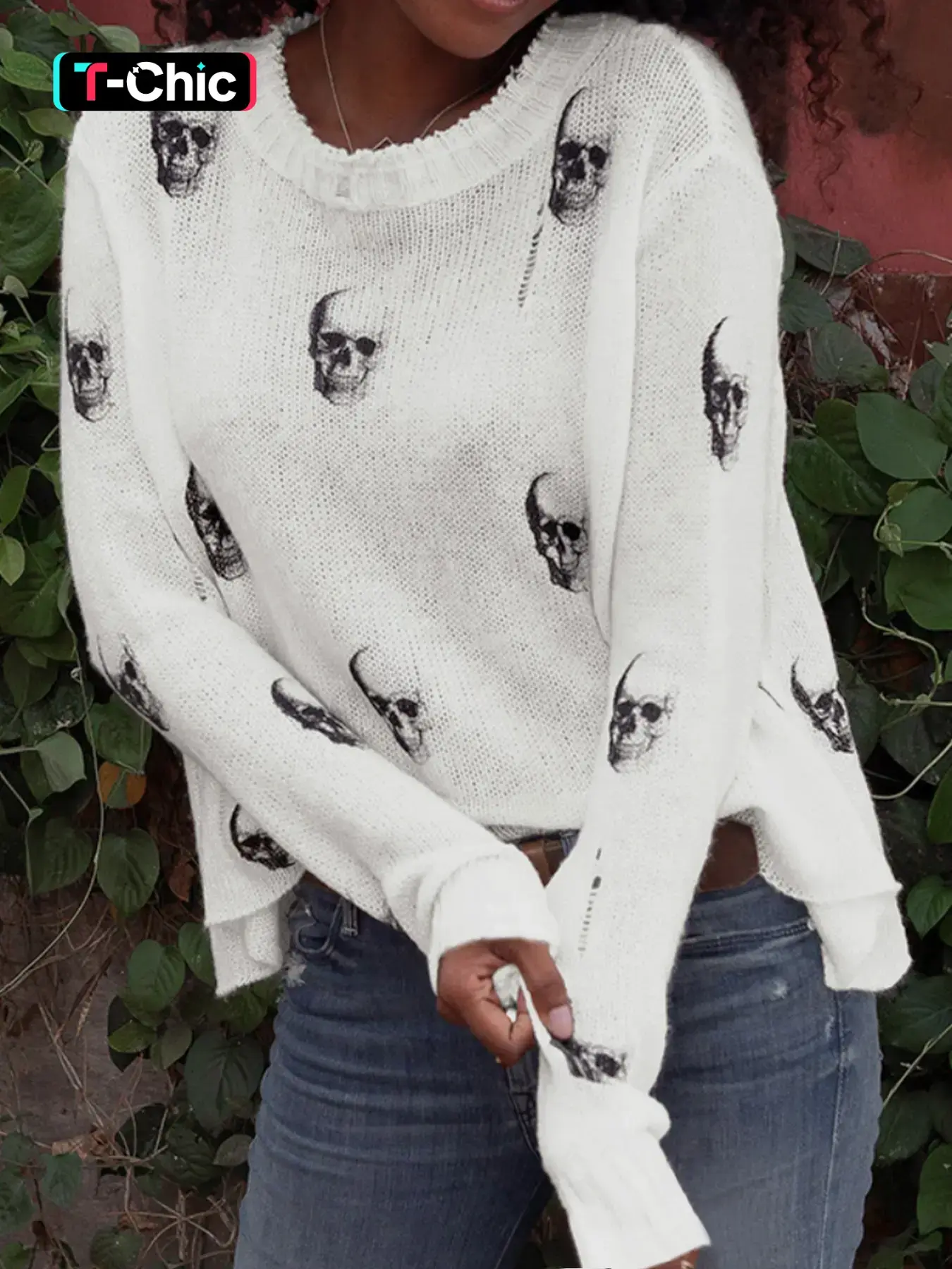 Women's Skull Print Halloween Round Neck Sweater, Casual Long Sleeve Crew Neck Jumper for Spring & Fall, Fashion Women's Knitwear for Daily Wear, Casual Fitted Pullover, Womenswear