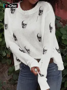 Women's Skull Print Round Neck Sweater, Casual Long Sleeve Crew Neck Jumper for Spring & Fall, Fashion Women's Knitwear for Daily Wear, Womenswear