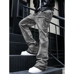 Men's high-end casual loose jeans, four season button fly zipper micro flared pants, washed denim bottomsRAIMENTRY
