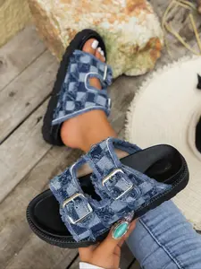 Women's Fashionable Denim-effect Print Double Buckle Design Sandals, Casual Comfortable Platform Sandals for Summer, Female All-match Round Toe Shoes for Daily Wear, Girl, Lightweight Strappy Sandals