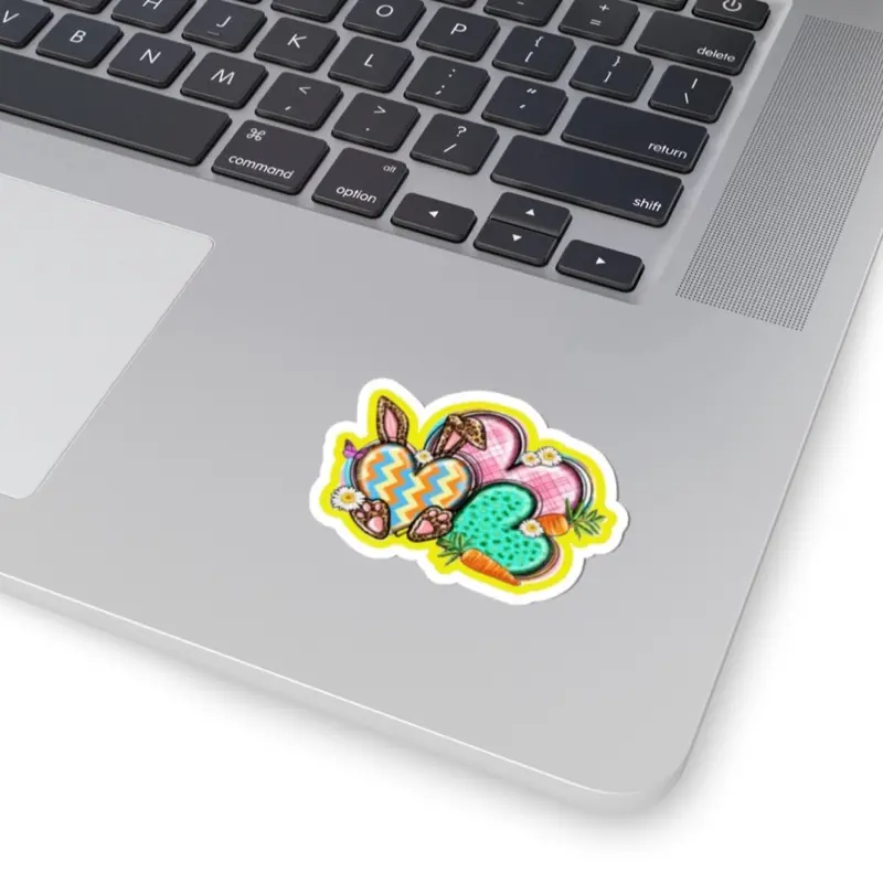 Yellow Teal Heart Easter Egg Sticker for Festive Decorations and Easter Themed Gifts with Bunny and Carrot Design