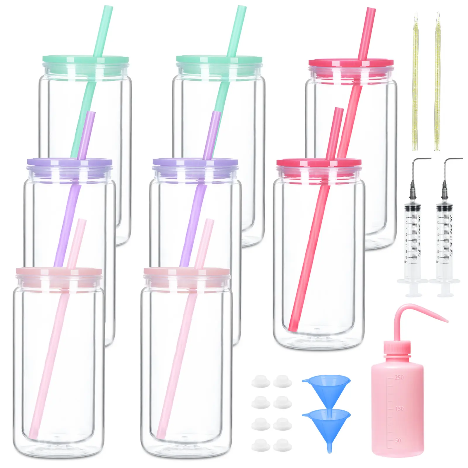 8-Pack 16oz Food-Grade Acrylic Reusable Snow Globe Tumbler Set - BPA-Free Double-Wall Plastic Water Bottle, Leak-Proof Safe Sip with Lid, Straws, DIY Plug & Seal Pre-Drilled Holes Tool Kit for DIY Gifts, Water Proof