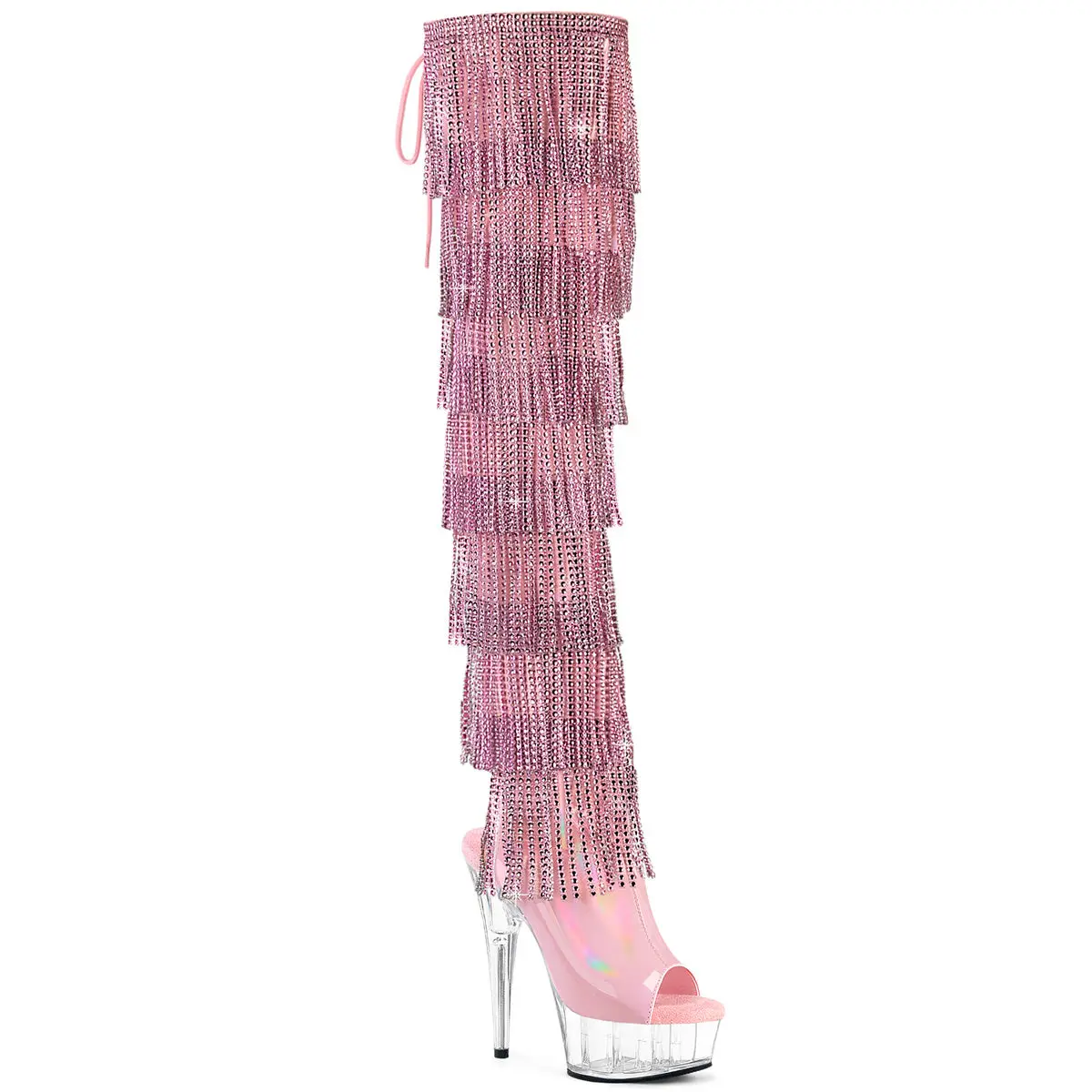 Pleaser Women's Rhinestone Fringe Thigh High Boots, Open Toe Statement Style with 6" Heel, 45mm Platform, Lace-Up Back, and Side Zip, Footwear, Statement Shoes, Night Out, Full Length Zip, 6 In