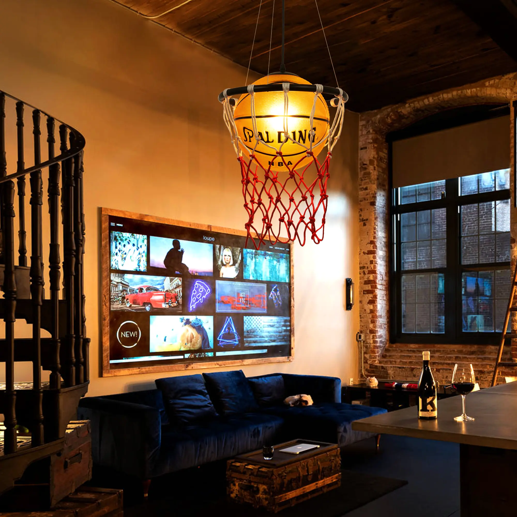 Basketball Shaped Pendant Light - Unique Design with Realistic Iron Ring, Plastic Mesh - 12.6in Diameter - Sports Themed Indoor Ceiling Decor for Game Rooms, Balconies, Ball Shaped Pendant Lights
