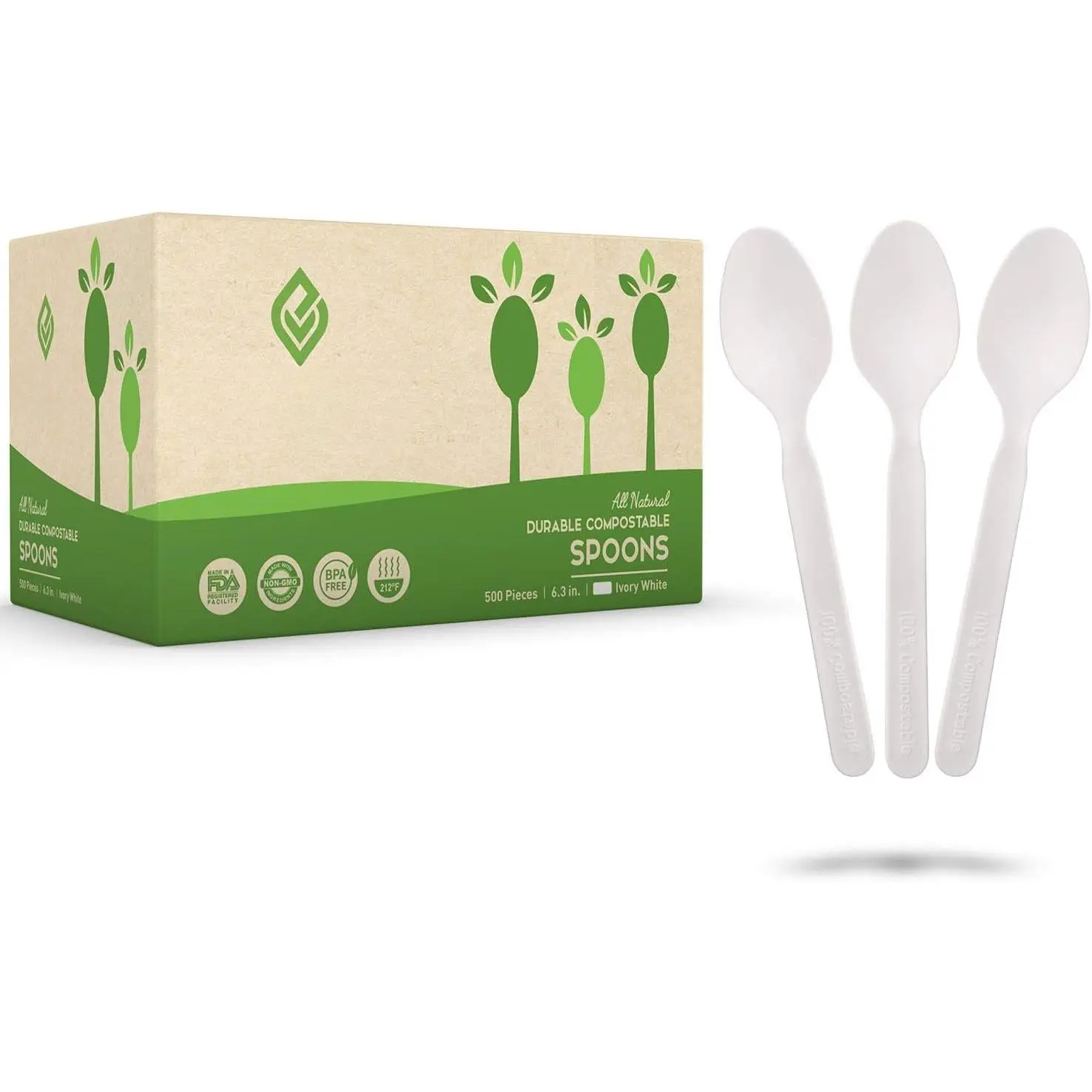 Compostable Spoons - 500 Large Disposable Utensils (6.5 in.) Bulk Size  Durable and Heat Resistant Alternative to Plastic Spoons with Convenient Tray