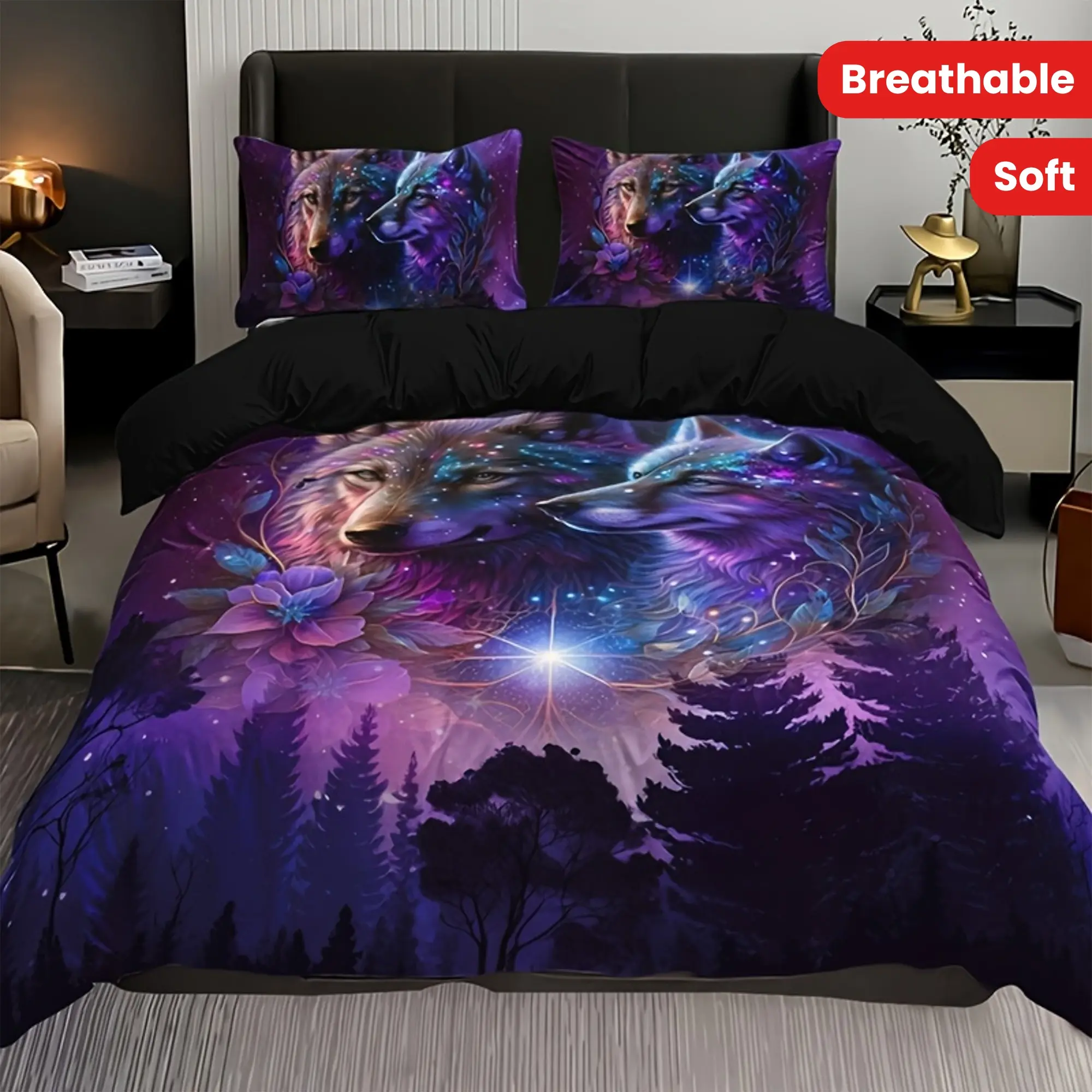 3PCS Modern Breathable Polyester Bedding Set - Multicolor Starry Forest Dark Night HD Digital Print Wolf Design, All-Seasons Machine Washable Bedspread Set for Home Bedroom Soft Furnishings