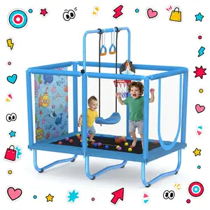 SkyBound 6-in-1 Kids Trampoline 36*55'' 600LBS Load, Indoor Outdoor Toddler Playground with Enclosure Net, Basketball Hoop, Swing & Ocean Balls,two lifting rings, Safe Active Gift for Boys Girls 1+ Years ,No-Tool Assembly #ScreenFreeFunn ,Safety Certified