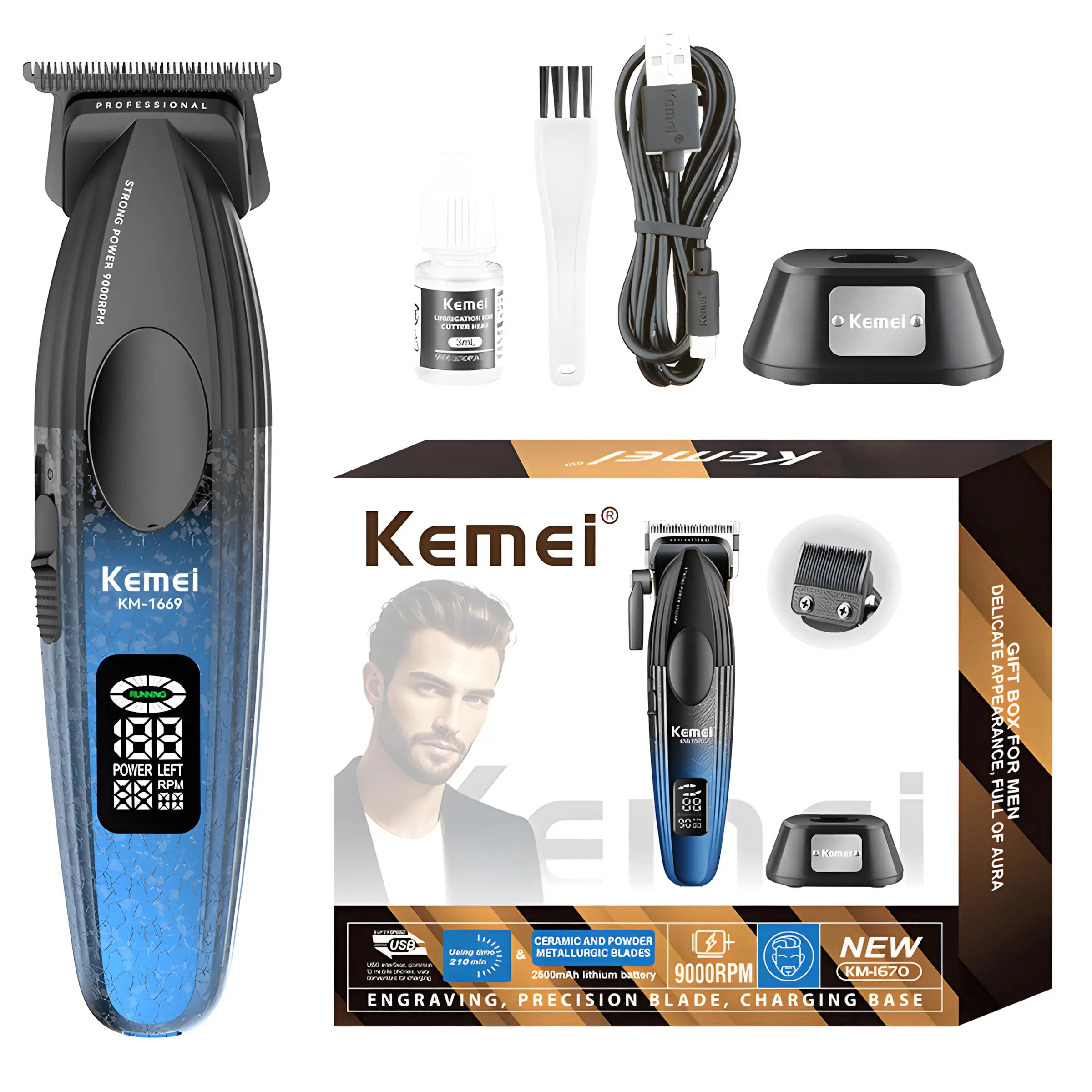 Kemei KM-1669 9000RPM High Power Wireless Professional Barber Machine, 1 Count Cordless Hair Clipper Trimmer with Charging Stand, Barber Equipment, Hair Trimmer for Men Rechargeable Clippers