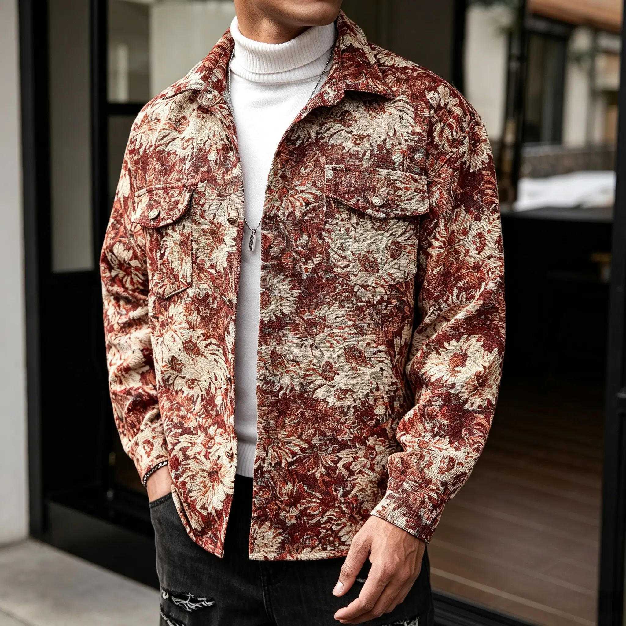 A vintage mixed-color daisy jacquard shirt jacket with a notched lapel—light trendy retro casual style. Deep purple base paired with cream white and orange, featuring multi-layered daisy 3D jacquard texture and a smooth lining that reduces skin friction.