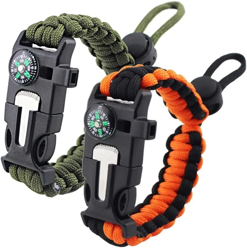 ZHIYE Survival Paracord Bracelet Flint Fire Starter Scraper Compass Wilderness Survival Whistle Adjustable Wristband 2Pack Black&Armygreen