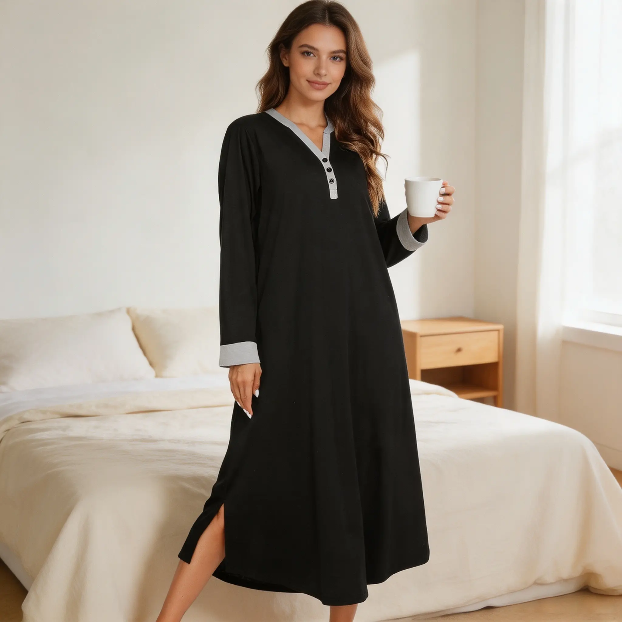 Women’s Maxi Nightgown, V Neck Long Sleep Shirt with Pockets, Soft Full Length Loungewear Dress, Casual Pajama Dress for Home & Lounge