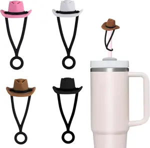 JMILYJW  Silicone Cowboy Hat Straw Toppers for Stanley Cup, Western Straw Covers Compatible for Stanley Cup 30 & 40 oz, Cute Funny Gifts for Women & Men, Pack of 4pcs - Black, White, Pink, Brown