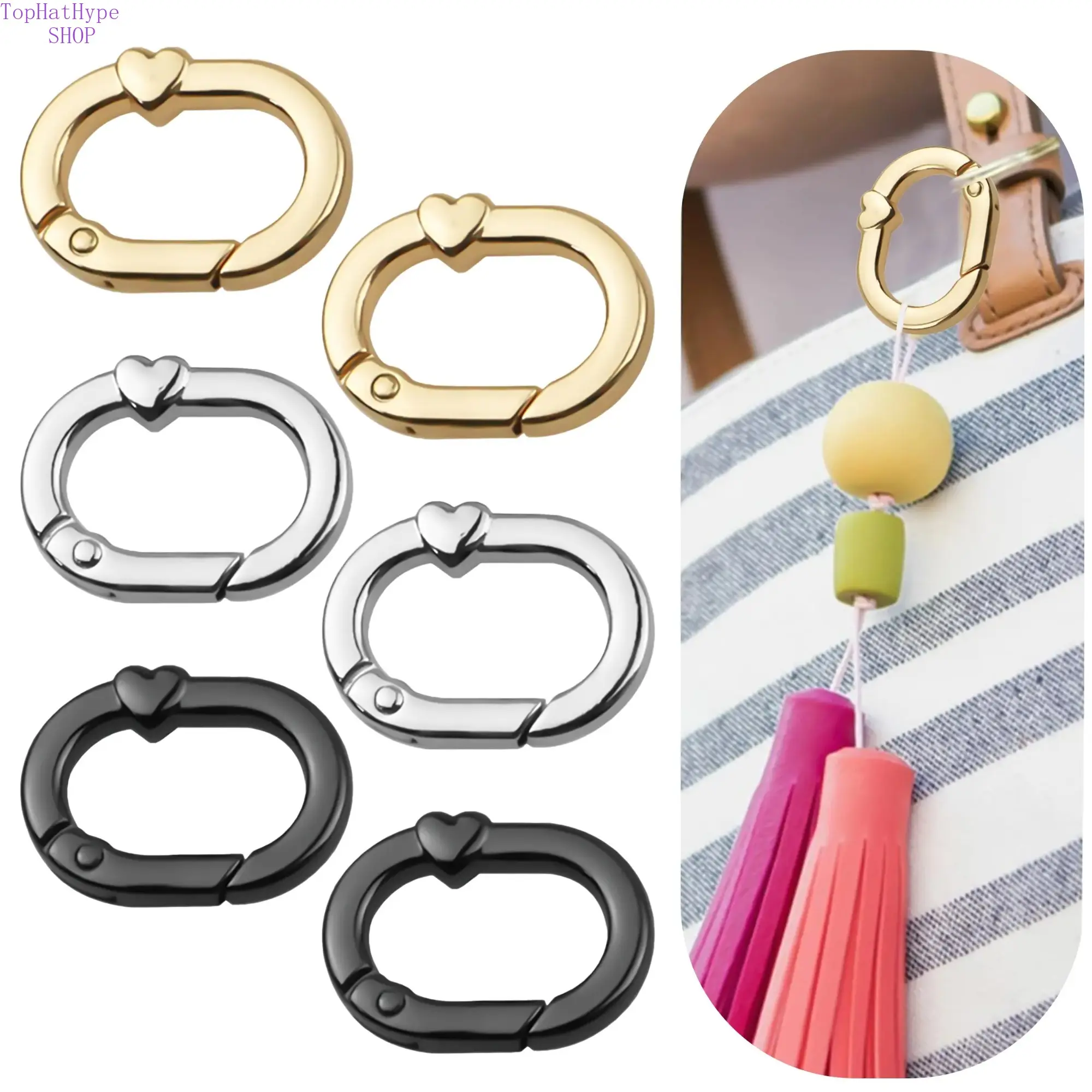 6-Piece Durable Alloy Quick-Release Spring Hooks Set - Accessory Hook, Bag Charm, Chain Clip Keychains, Metal Oval Clips, Heart-Shaped Accents, DIY Craft Supplies, Pet Collar Leash Attachments (Gold/Silver/Black), Accessory Hook Keychains, Bag Charm Keych
