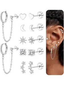 6Pairs Flat Back Earrings Gold Earrings for Women Girls Hypoallergenic Surgical Steel Earrings Stud Earrings Jewelry Stack Chain Hoop Earrings Sleeper Cartilage Earrings Sets for Multiple Piercings