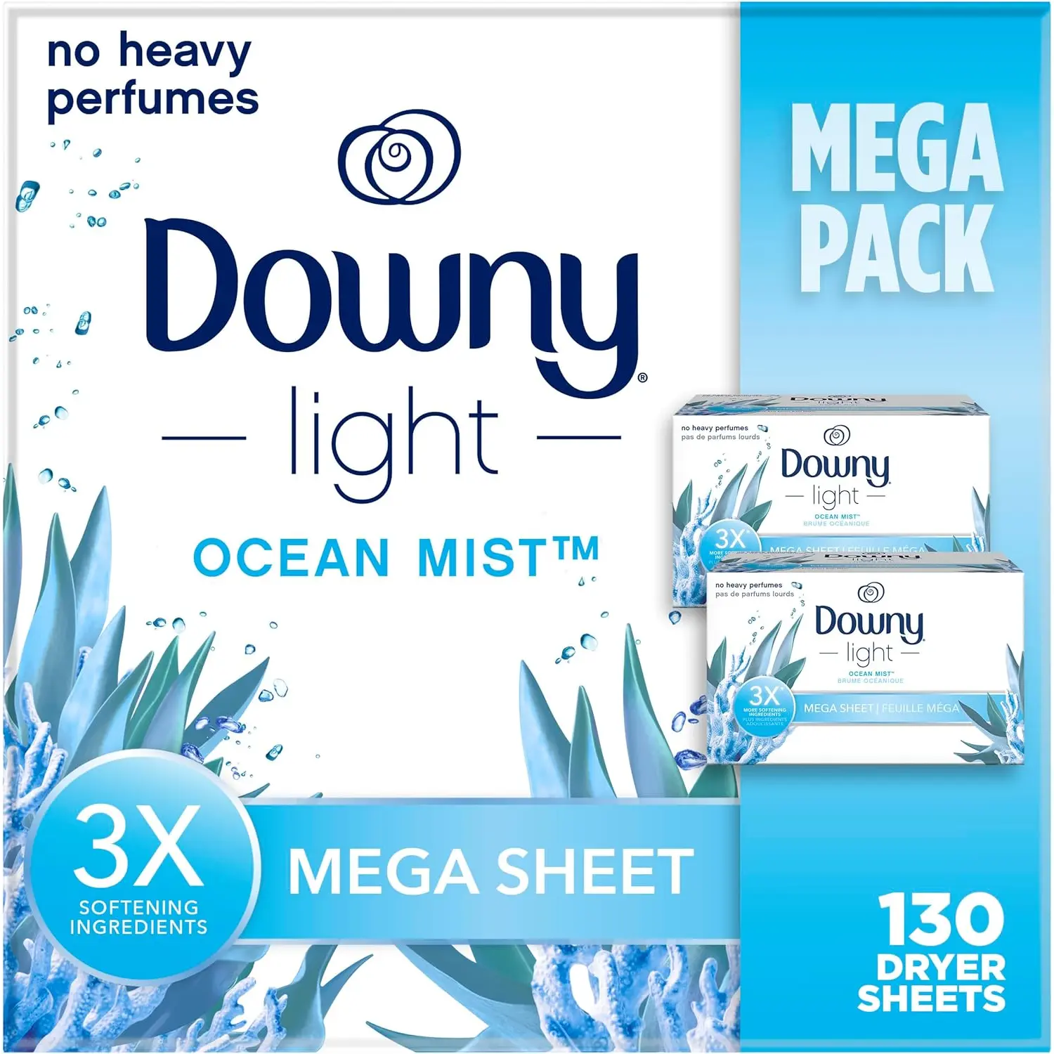 Light Mega Dryer Sheets, Fabric Softener Dryer Sheets, Ocean Mist, 130 Count No brand
