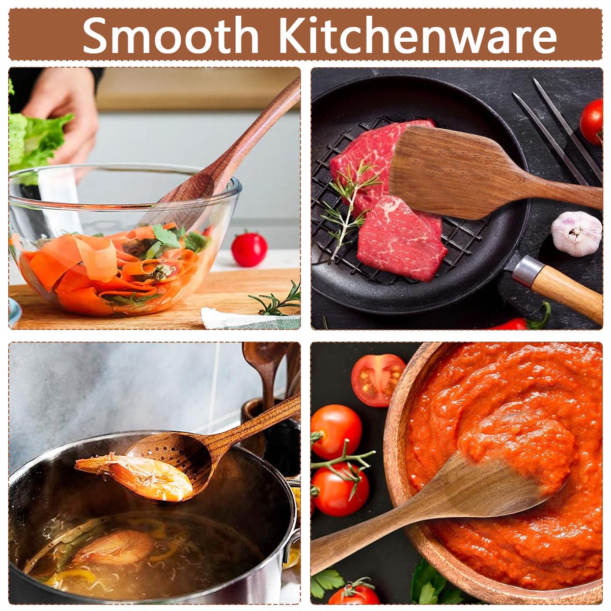 5PCS Wooden Kitchen Utensils Kit Ergonomic Handles Natural Wooden Spoons Spurtle Ladle and Wok Spatulas Cookware Accessories