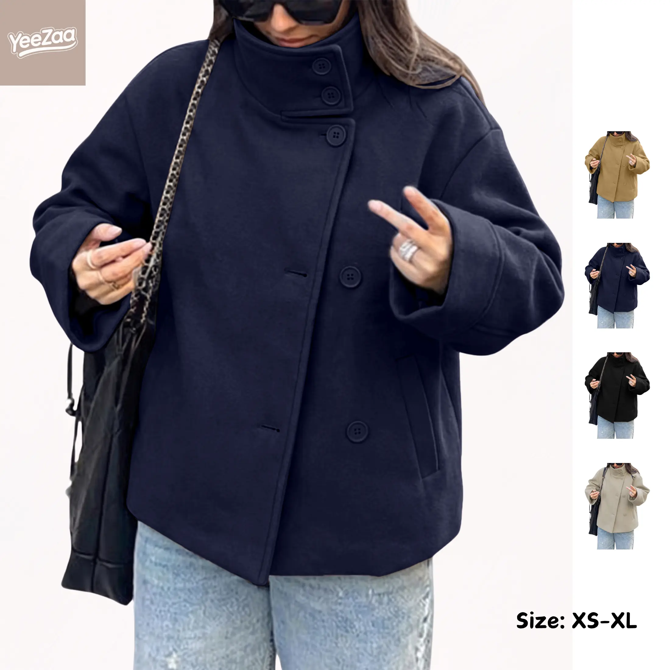 YeeZaa Crop Pea Coat for Women Versatile Stand Lapel Collar Cozy Wool Blend Fabric Elegant Short Trench Coat Premium Fall Winter Outerwear Casual Loose Fit Design Classic Solid Color Jackets Loose Casual Short Jacket Outwear