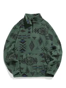 Men's Ethnic Pattern Zip Up Plush Sweatshirt, Casual Soft Long Sleeve Pocket Collared Pullover for Winter, Fashion Men's Clothes for Daily Wear, Ethnc Clothing, Vintage Clothing, Y2k Clothing, Cultural Menswear